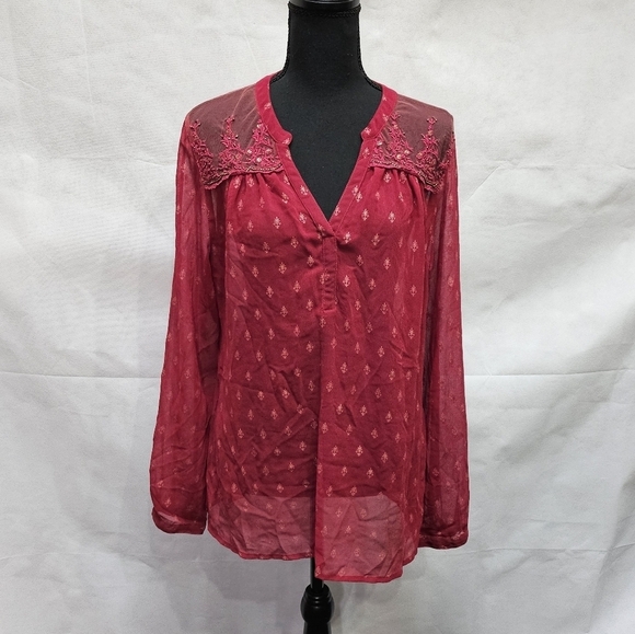 Bila Sheer V-neck Beaded Mesh Shoulder Maroon Pullover Blouse Size L - Picture 1 of 8